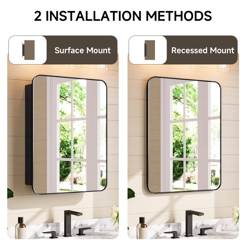 24x32 in Black Framed Mirrored Medicine Cabinet, Recessed/Surface Mount, Adjustable Tempered Shelves, Fully Assembled