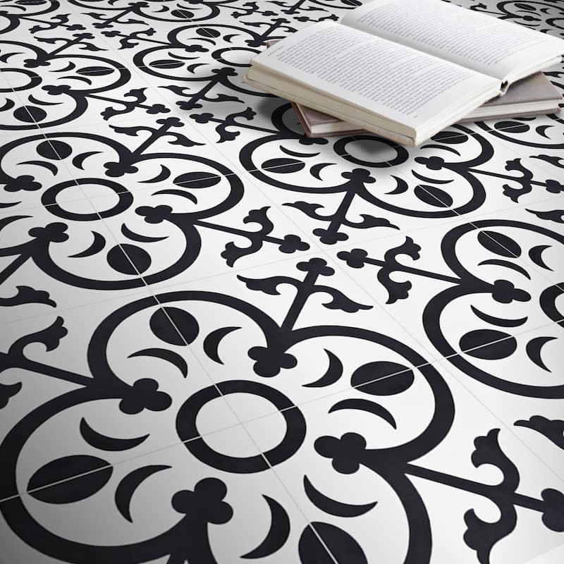Nador Handmade Cement Tile, 8''x8'', White-Black (Morocco)