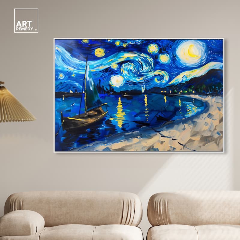 Art Remedy Whimsical Night Sail Framed Impressionism 1 Piece Canvas Wall Art /Monet And Van Gogh Inspired Art
