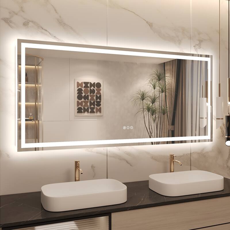 Frameless LED Front Light and Backlit 3 Colors Dimmable Anti-Fog Wall Bathroom Vanity Mirror - 60" x 28"-Square Corner