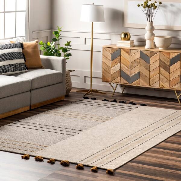 slide 2 of 19, Nuloom Karlene Modern Striped Wool Tasseled Area Rug 4' x 6' - Ivory
