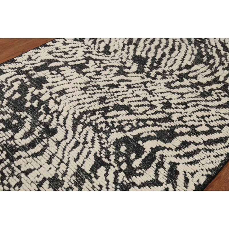 Black & Ivory Moroccan Abstract Area Rug Hand-Knotted Wool Carpet - 4'11"x 8'1"