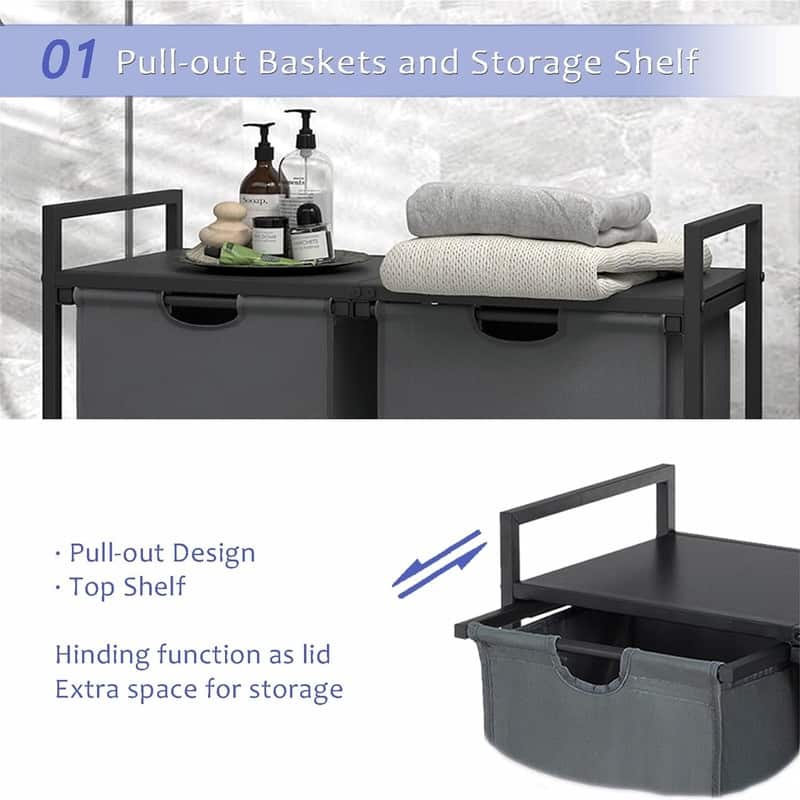 Laundry Basket with Wheels and Shelf - 30"L x 13"W x 31"H