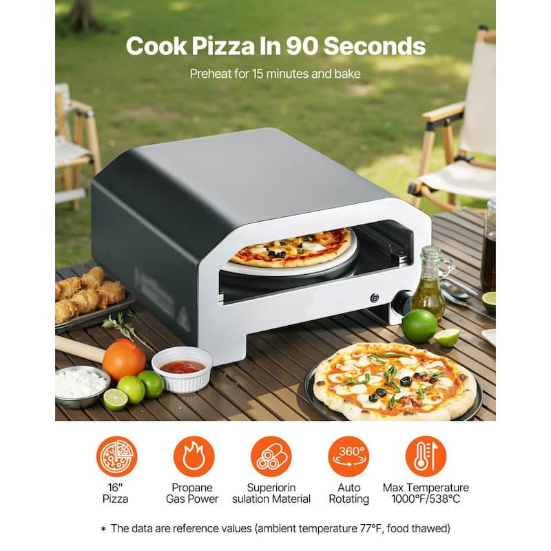 Outdoor Gas Pizza Oven with 16" Stone, 1000°F Max Temp Portable for Backyard and Camping - 23.7 x 23.4 x 12.8 in