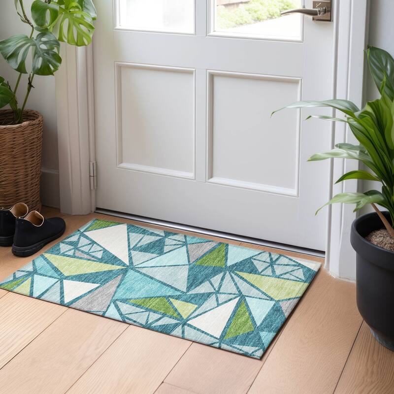 Machine Washable Indoor/ Outdoor Abstract Mosaic Chantille Rug - Teal - 1'8" x 2'6"
