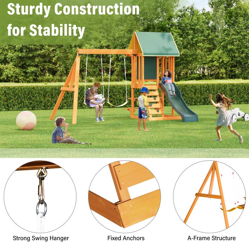 Outdoor 3 in 1 Wood Swing Set with Slide, 2 Swings and Climber