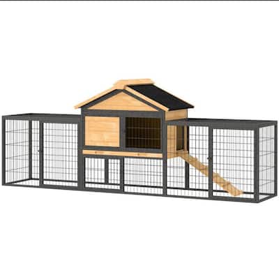 Large Wooden Bunny Hutch with Steel Run Box and Weather-Resistant Roof Multiple Doors - 85.4" W x 20.9" D x 33.9" H