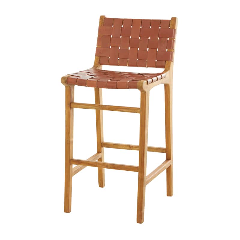 Camel Brown or Black Teak Wood Woven Leather Seat and Back Bar Stool with Beam Footrest
