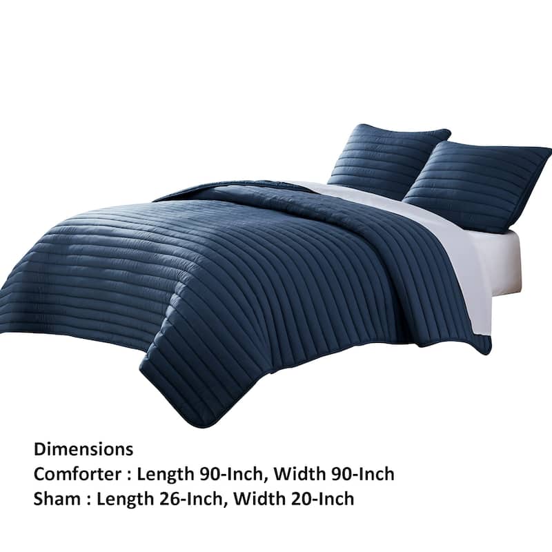 Cabe 3 Piece Queen Comforter Set, Polyester Puffer Channel Quilt, Navy Blue - 7'6" x 9'6"