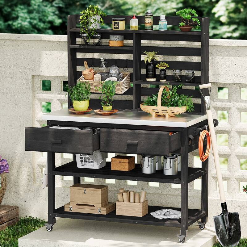 64.9"H Outdoor Potting Table with Lockable Wheels,Solid Wood Kitchen Island with Upper Hutch,Stainless Steel Top,Towel Rack - Black