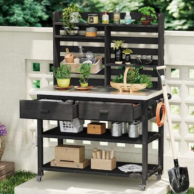 64.9"H Outdoor Potting Table with Lockable Wheels,Solid Wood Kitchen Island with Upper Hutch,Stainless Steel Top,Towel Rack