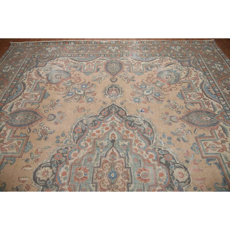 Hand Knotted Oriental 100% Wool Carpet Traditional Medallion Peach Tabriz Area Rug - 12' 8'' X 9' 8''