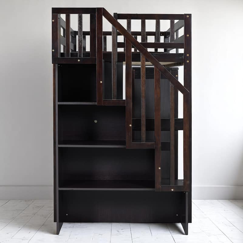 Twin/Full Size Loft Bed with Desk, Wardrobe, Drawers & Stairs, Wood Frame Study Bed with Storage for Kids/Teens