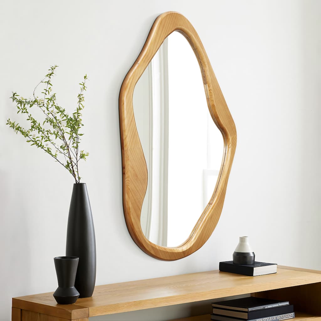 Natural Pine Wood Frame Free Form Wall Mirror, Bathroom Wall Mirror - 39.2" H x 24.2" W x 1.38" D