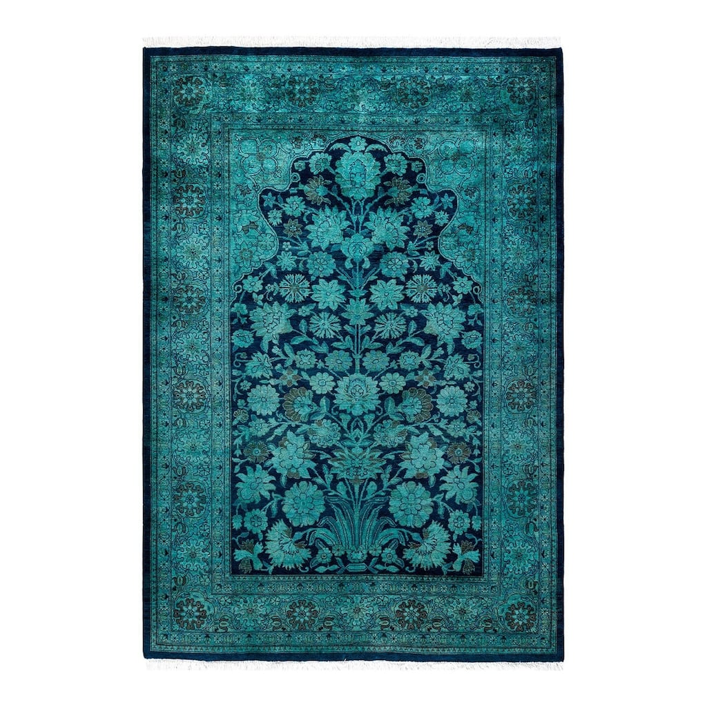 Overton Hand Knotted Wool Vintage Inspired Modern Contemporary Overdyed Blue Area Rug - 4' 2" x 6' 2"