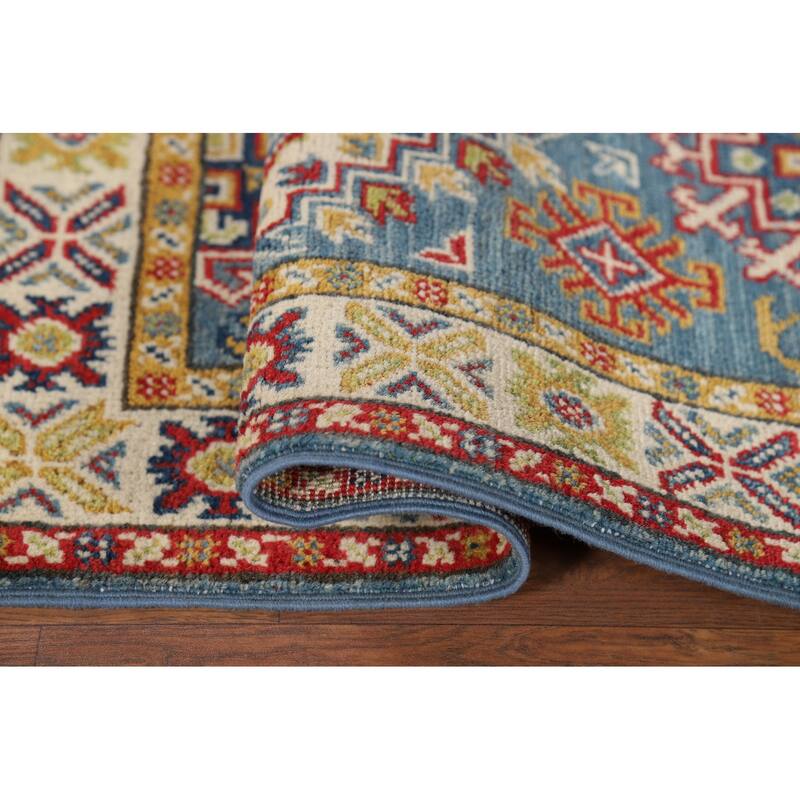 Hand Knotted Oriental 100% Wool Carpet Traditional Geometric Navy Blue & Blues Kazak Area Rug - 3' 0'' X 2' 0''