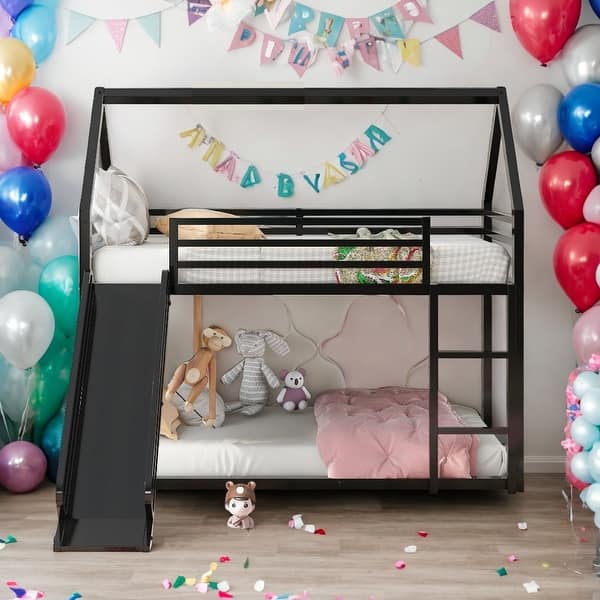 slide 2 of 9, Twin over Twin House Bunk Bed with Ladder and Slide for Bedroom Black