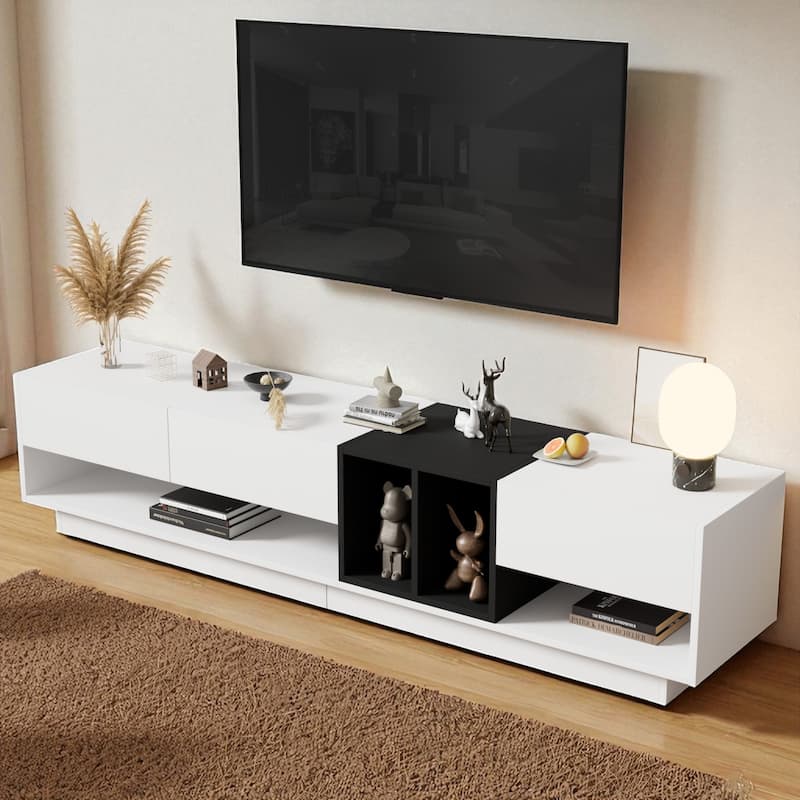 75 Inch Modern Two-Tone TV Stand with Storage, Media Console Cabinet with Drawers & Compartments for TVs Up to 80 Inch - White
