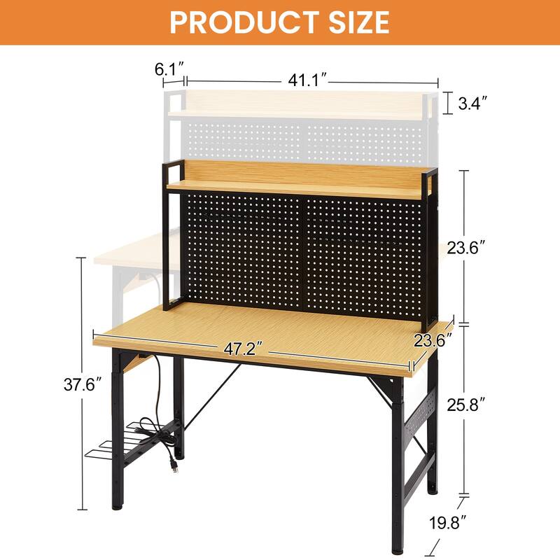Heavy Duty Wooden Desktop Workbench with Wheels and pegboard