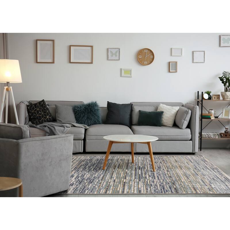 Cali Collection - Blue/White Distressed Texture Banded Rug