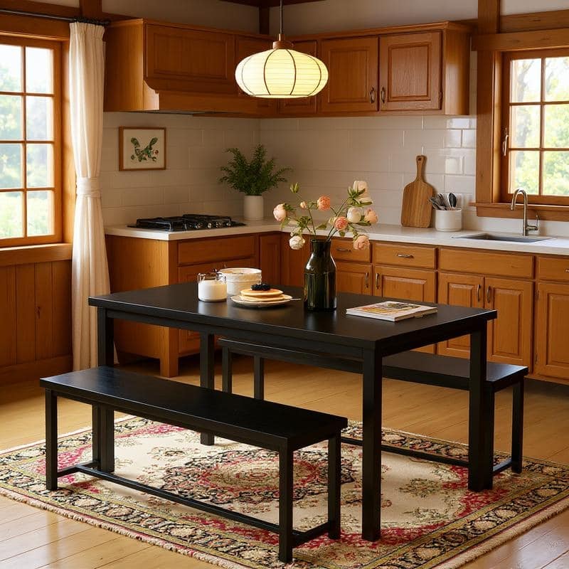 Mieres Vintage Industrial Style 3 Piece Dining Table with 2 Benches Set, Space Saving Kitchen Dining Room Bar Table Set