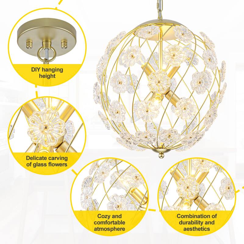 Modern 6-Light Glass Flower Globe Pendant Chandelier for Dining Room