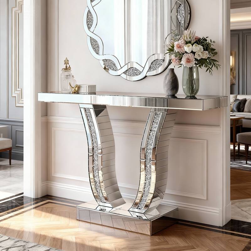 43 Inch Mirrored Console Table, Modern Silver Entryway Sofa Table with Curved Stone-Inlaid Legs, Silver Glam Entryway Table