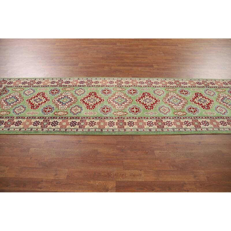 Light Green Kazak Oriental Runner Rug Hand-Knotted Wool Carpet - 2'9" x 9'7"