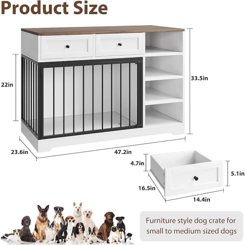 47" Dog Crate, Dog Kennel with 2 Drawers and 4 Shelves for Medium Large Dogs