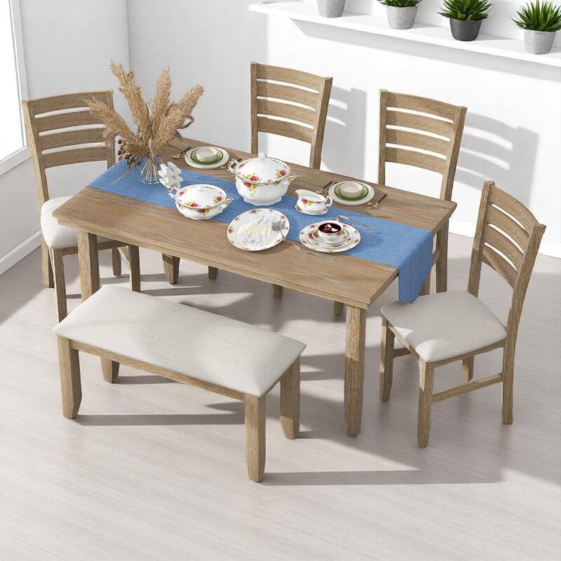6-Piece Dining Set for 6, Rustic Wood Dining Table with 4 Chairs and Bench, Upholstered Seats for Kitchen or Dining Room