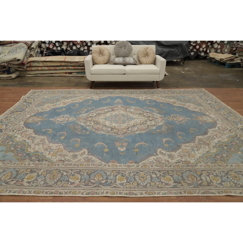 Hand Knotted Oriental 100% Wool Carpet Traditional Floral Navy Blue & Blues Tabriz Area Rug - 12' 0'' X 9' 10''
