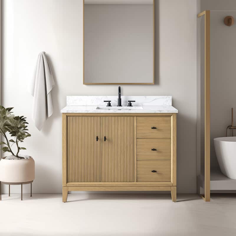 Vanity Art 42" Freestanding Bathroom Vanity with Engineered Marble Top and Sink - 42"/Matte Black - Natural Oak