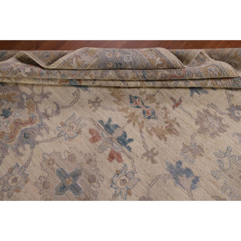 Beige Floral Oushak Vegetable Dye Area Rug Hand-Knotted Wool Carpet - 8'2" x 10'0"