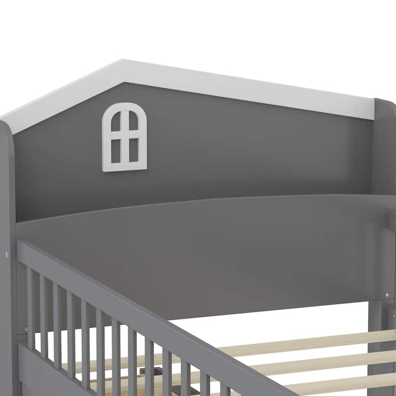 Twin Size Wooden Bed Frame with Storage Drawers, Guardrail, and Ladder for Kids, Easy Assembly, Gray