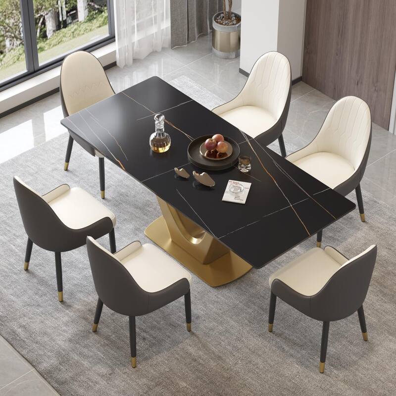 V Shape Pedestal Modern Marble Dining Table Slate Kitchen Table - Black - 78.74"