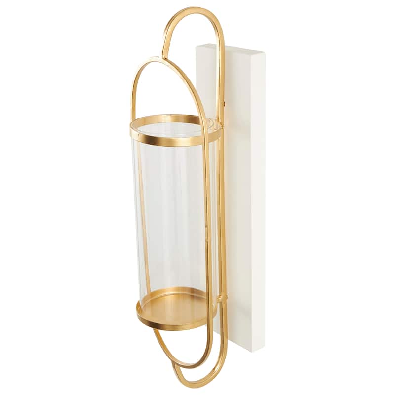 Metal Oval Wall Sconce with White Wood Backing - Gold - Roche River Decor - 6"W x 7"L x 20"H