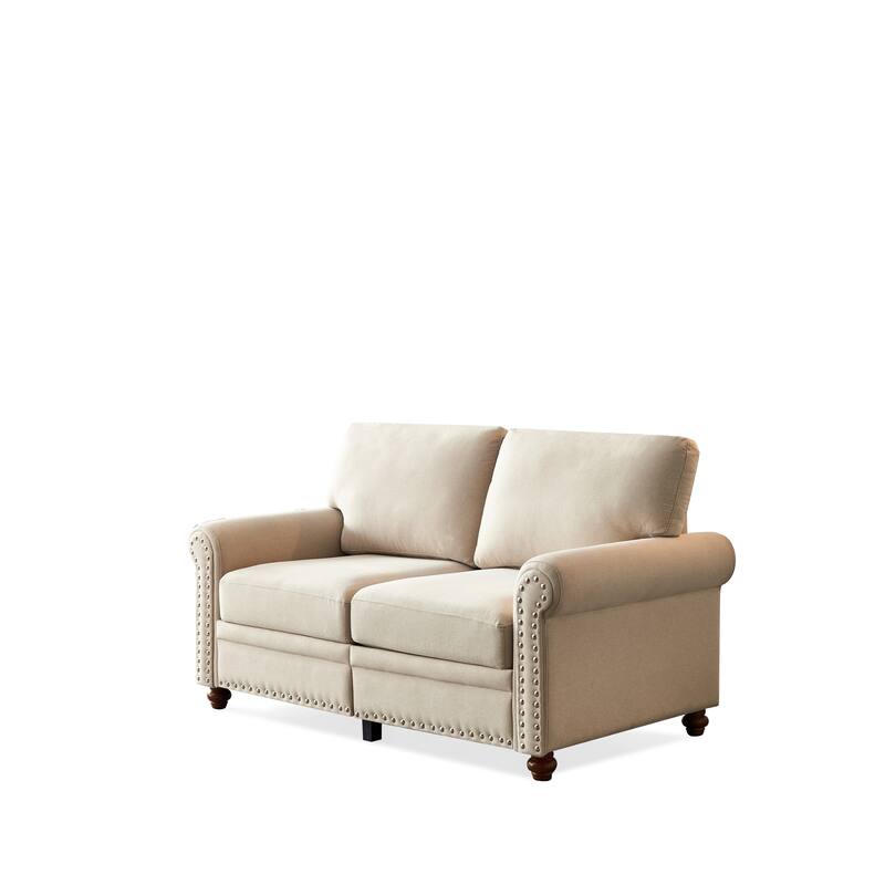 Linen Fabric Upholstered Sofa with Storage, 3-Seater Couch with Solid Wood Frame, Round Arms, and Removable Cushion Cover