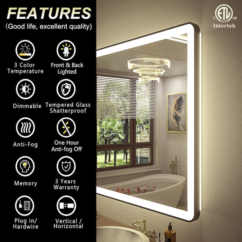 KIOTEE Rectangular Framed Front & Back LED Lighted Anti-Fog Tempered Glass Bathroom Vanity Mirror with ETL and 3-Year Warranty