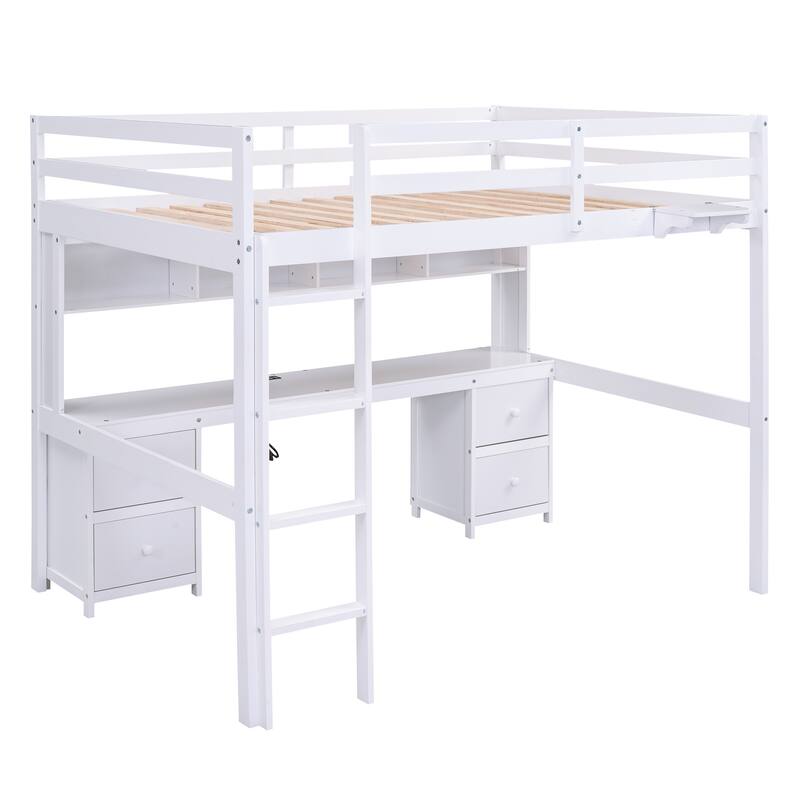Full Size Loft Bed with Desk, Storage Cabinets, Drawers, Charging Station, White