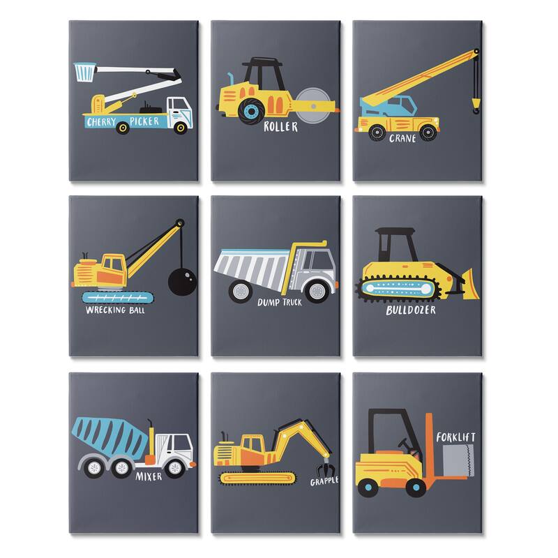 Stupell Whimsical Construction Vehicles Yellow Blue White Trucks 9 Piece Canvas Wall Art Set Design By Arrolynn Weiderhold - 11 x 14