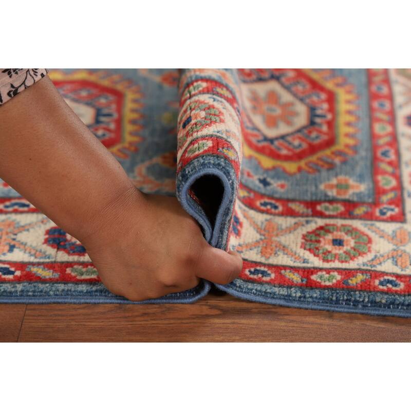 Hand Knotted Oriental 100% Wool Carpet Traditional Geometric Navy Blue & Blues Kazak Area Rug - 3' 0'' X 2' 0''