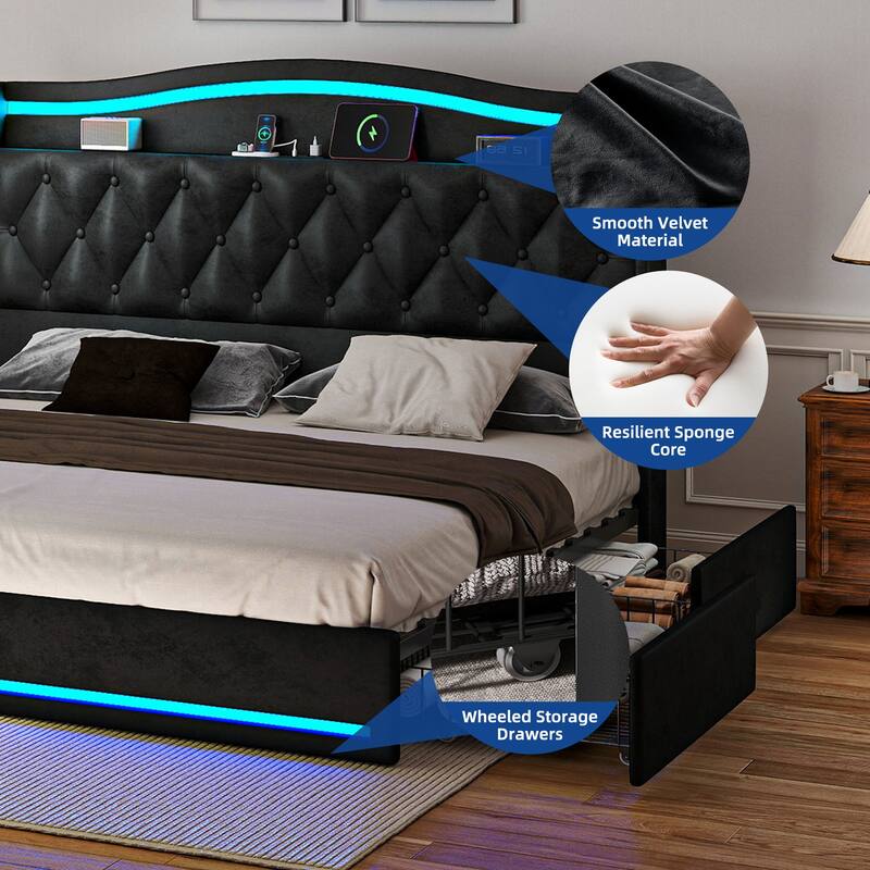 Moasis Queen Size Velvet Upholstered Bed Frame with 4 Storage Drawers & RGB Lights
