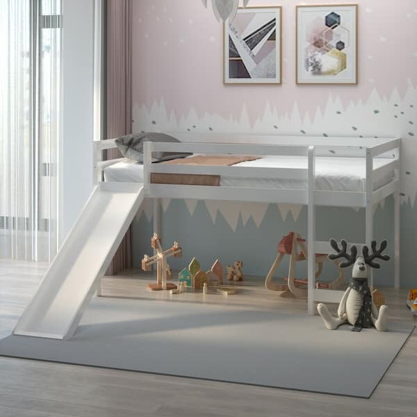 slide 2 of 10, Gymax Twin Size Loft Bed with Slide Wood Low Sturdy Loft Bed Bedroom White - 78.5'' x 82'' x 44.5''