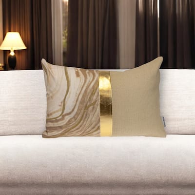HomeRoots 14" X 20" Beige and Gold Striped Cotton Blend Throw Pillow