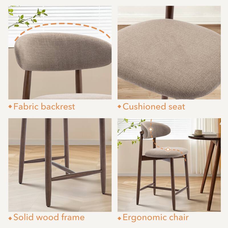 Mid-Century Modern Upholstered Bar Stools with Backrest - Solid Wood Legs Counter Height Stools