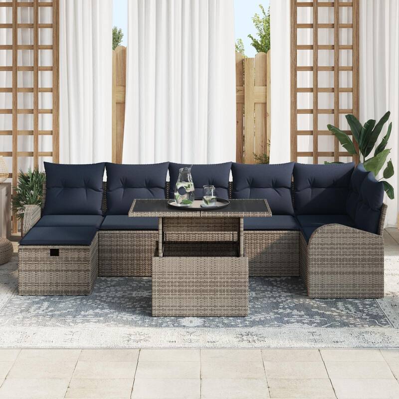 vidaXL 8 Garden Sofa Set with Cushions Black/Brown/Grey Poly Rattan - 113.8 x 48.8 x 27.2