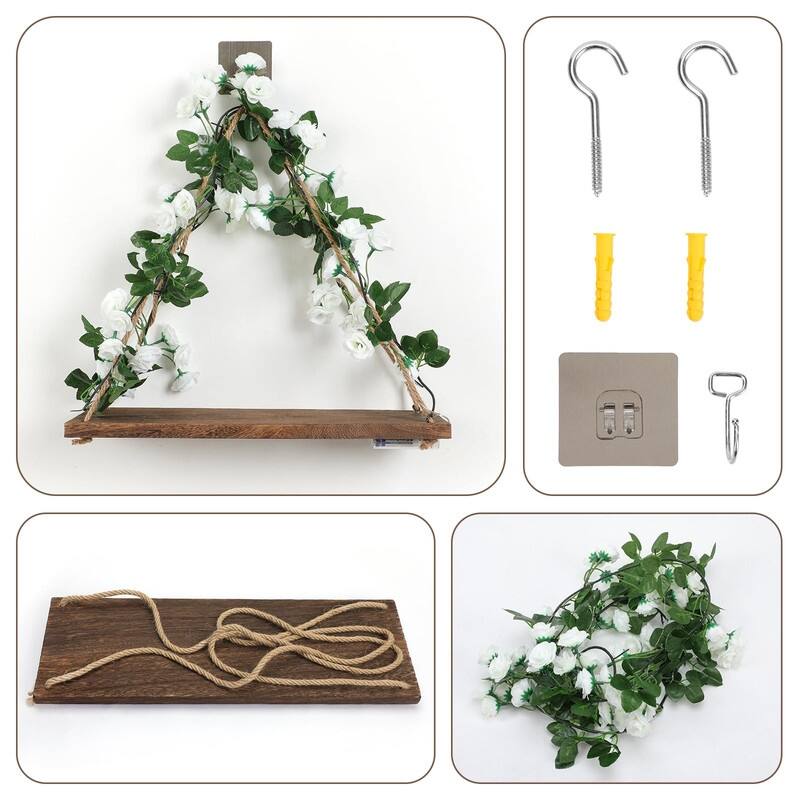 Boho Floating Wall Shelves Set – No-Drill Floral Decor (2pc)