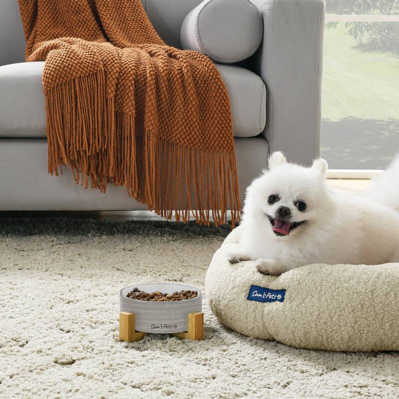 Coco Single Pet Bowl with Wood Stand 5.11'' in Light Gray - 6.3