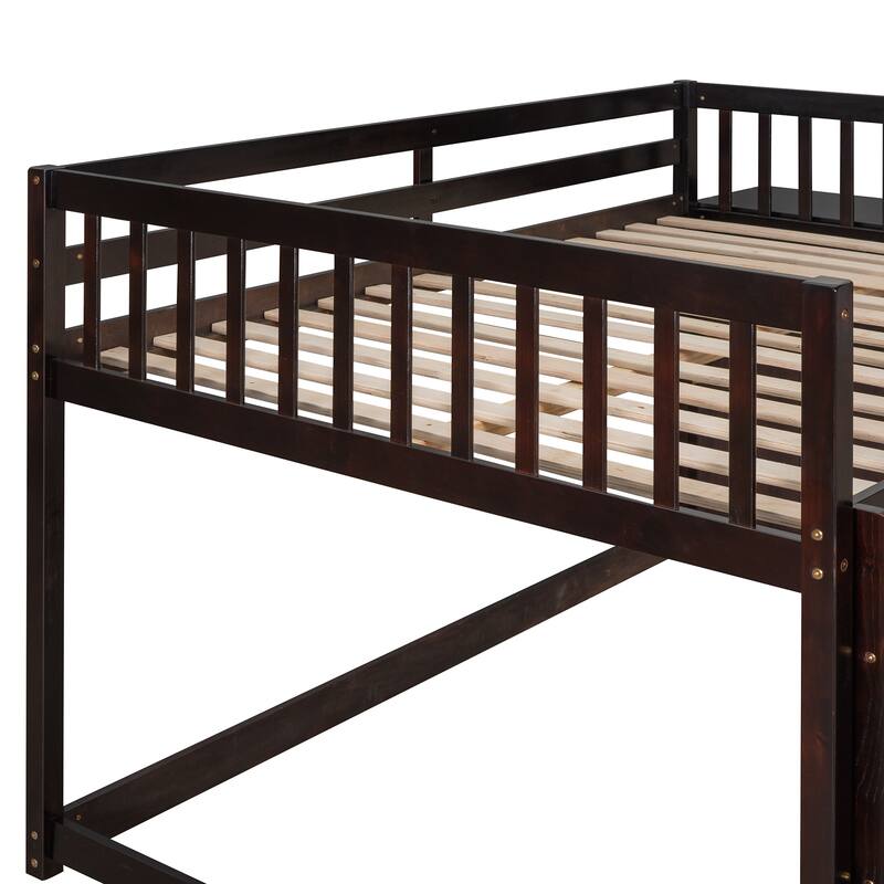 Floor Bunk Bed with Movable Storage Cabinet, Solid Wood Bunkbeds Frame
