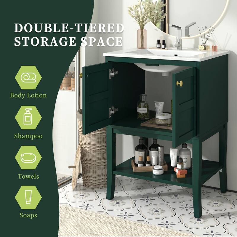24 inch MDF Freestanding Bathroom Vanity Set in Green with Integrated Resin Sink